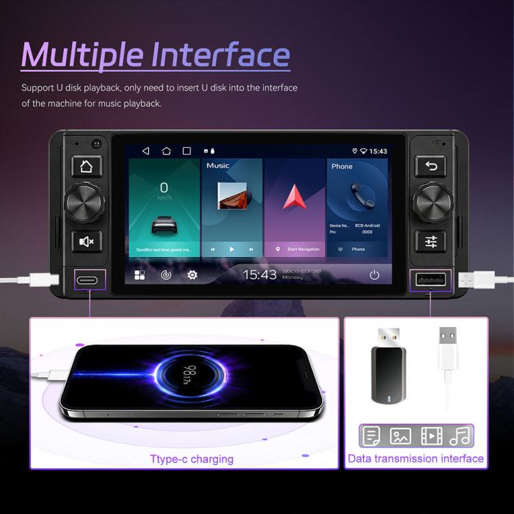 Single DIN 5-inch Android car stereo head unit with Type-C charging and data transfer