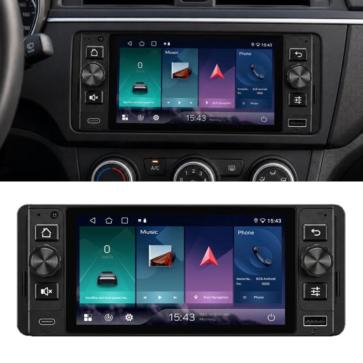 In-dash single-DIN Android car stereo installed in vehicle dashboard, touchscreen visible