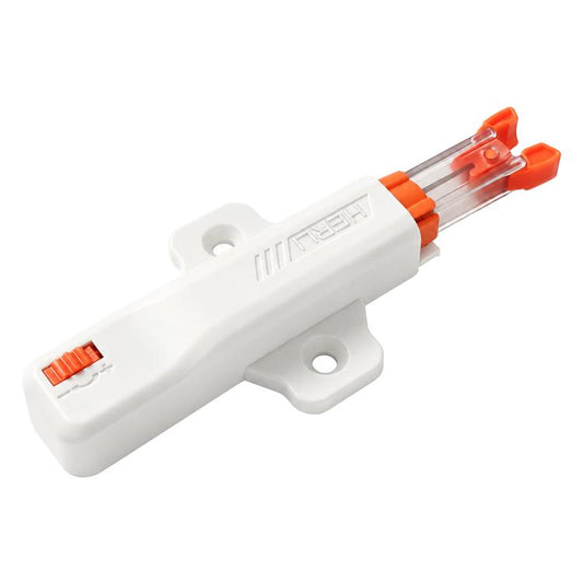 Heavy-duty cabinet door mechanical push latch lock, white body with orange release tabs