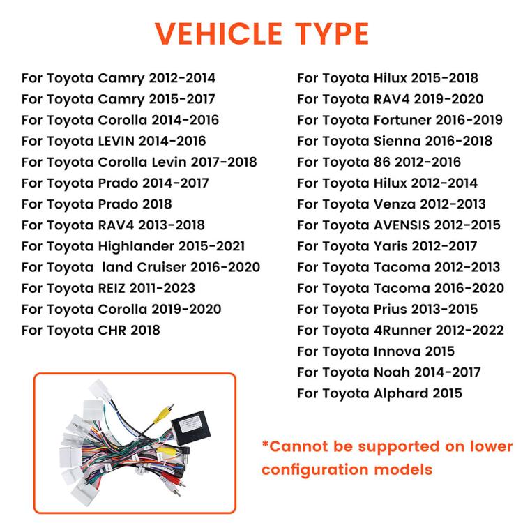 Vehicle compatibility chart with Toyota model list, wiring harness pictured