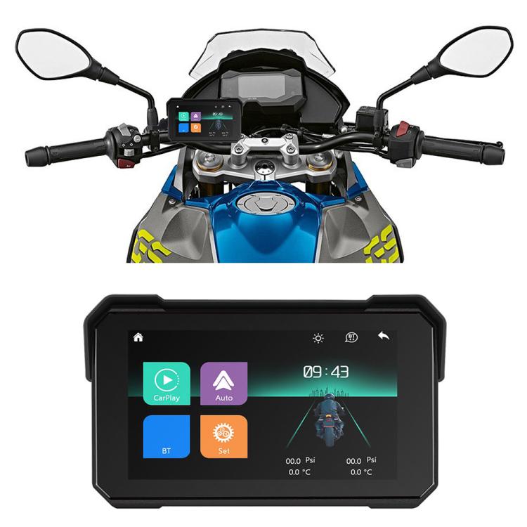 5-inch motorcycle navigation display on handlebars, screen showing CarPlay and Android Auto