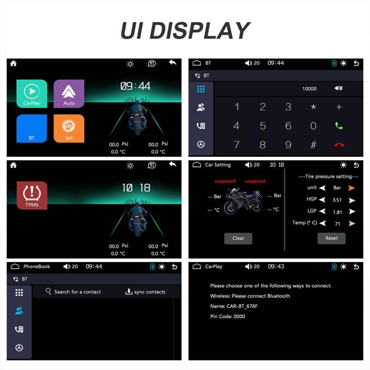Motorcycle wireless navigator screen with CarPlay home and phone contact app panels