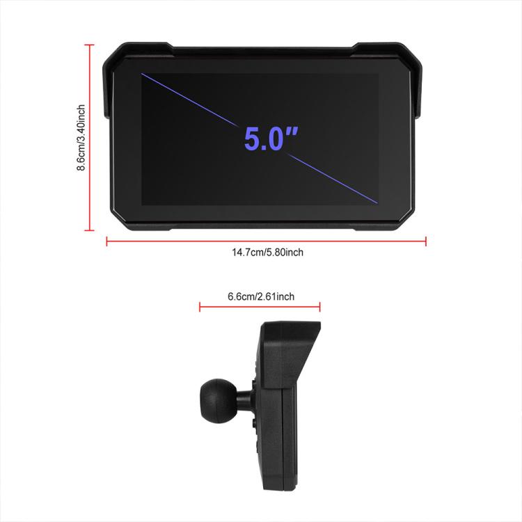 5-inch motorcycle navigation display with compact side bracket, size shown