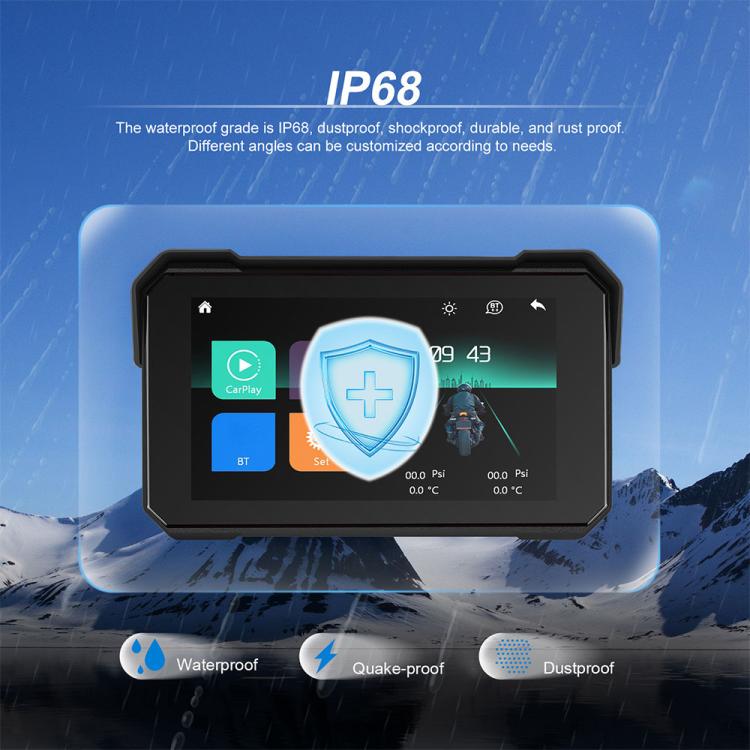 5-inch motorcycle navigation display with shield overlay icon on bright screen