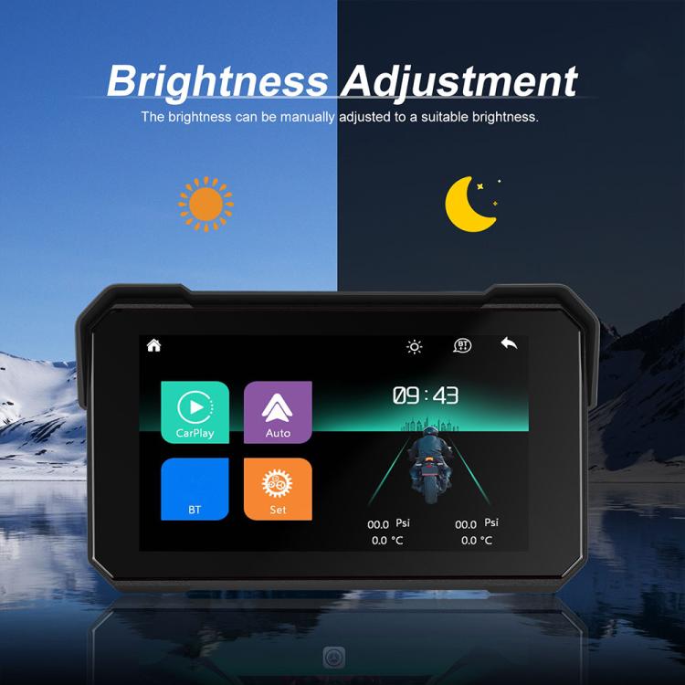 5-inch motorcycle navigation display showing brightness adjustment icons and time on screen