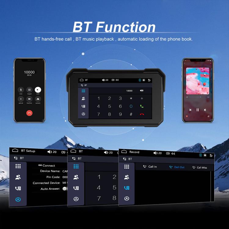 5-inch motorcycle navigation display showing BT dial and call controls on screen