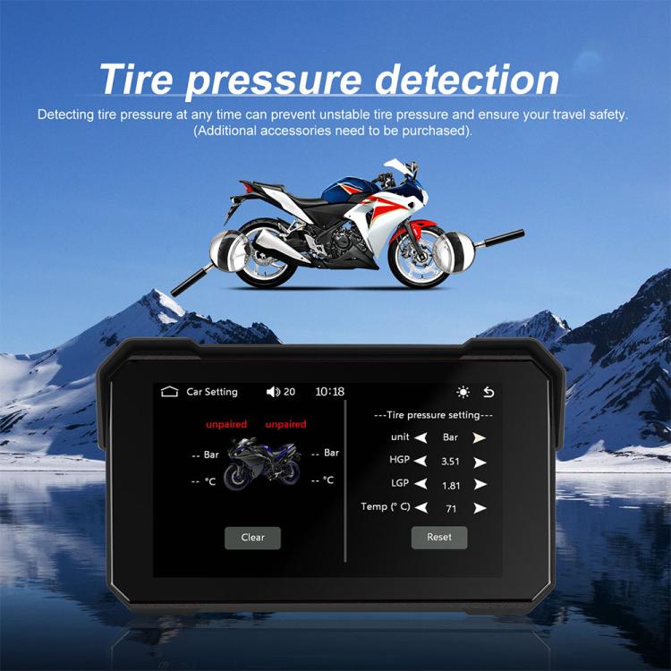 Motorcycle wireless CarPlay navigator screen showing tire pressure settings on black display
