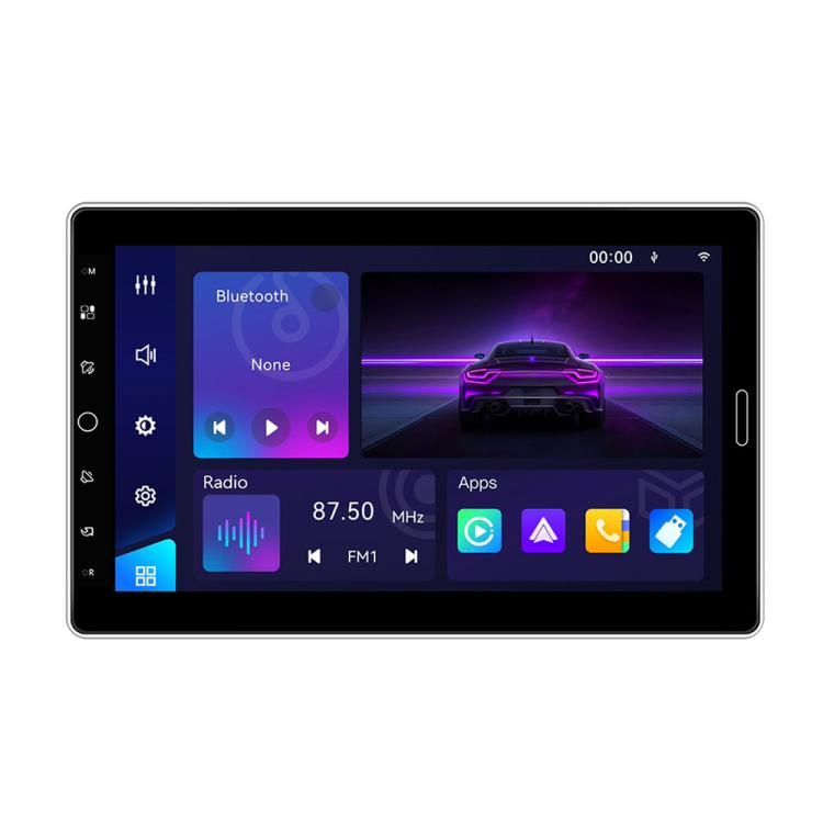 10.1-inch single-DIN car stereo with touchscreen showing radio and apps