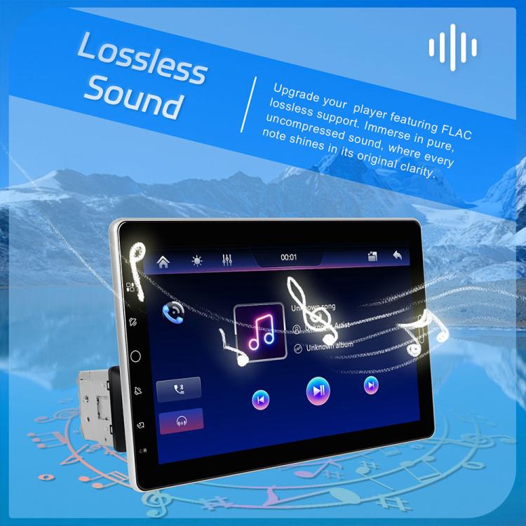 Single DIN car MP5 stereo with 10.1-inch touchscreen showing music controls