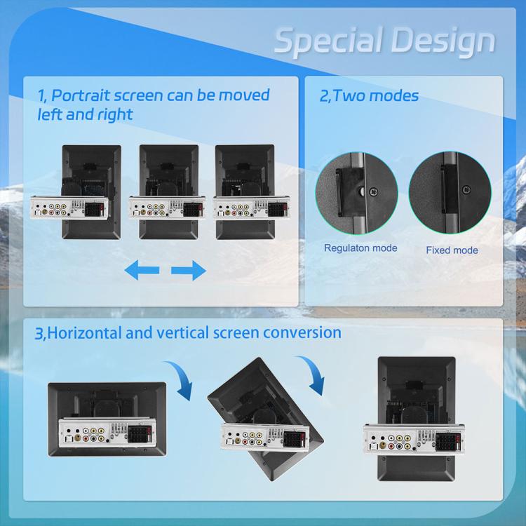 Single DIN MP5 car stereo with moveable 10.1-inch touchscreen for portrait and landscape