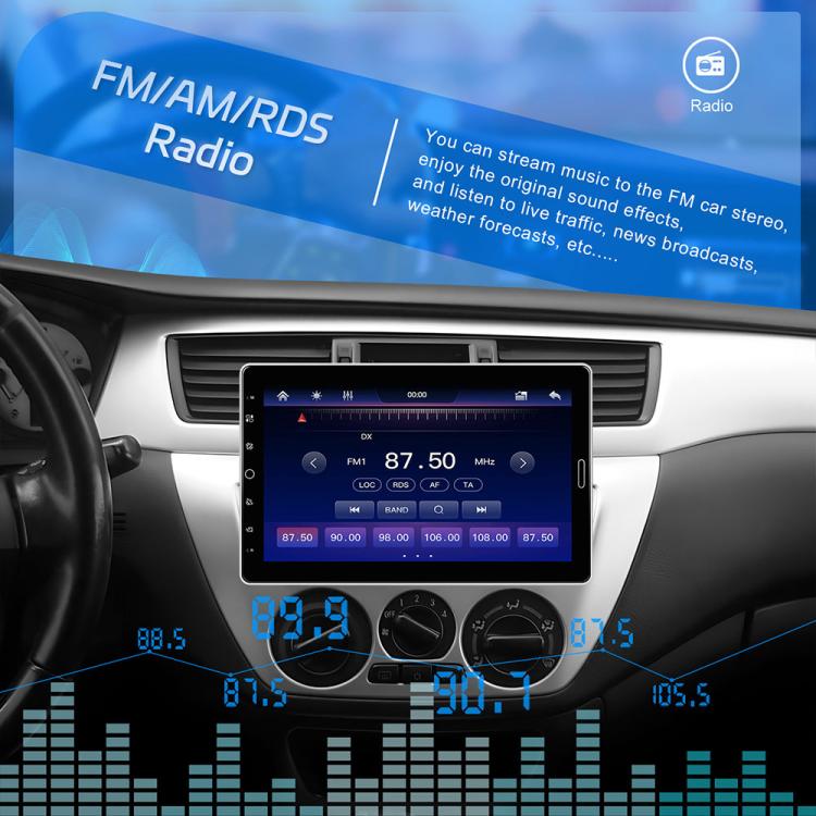 10.1-inch touchscreen car MP5 stereo showing FM radio interface