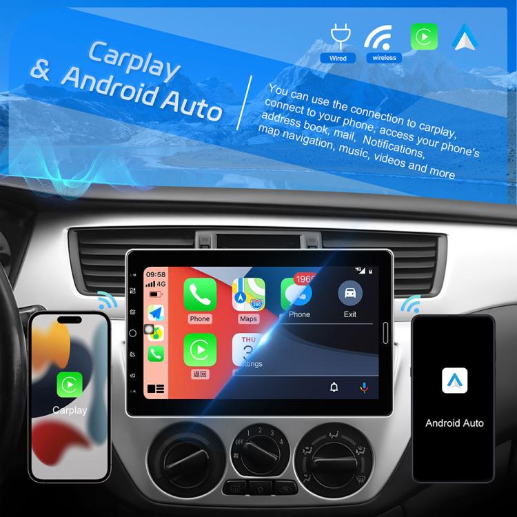10.1-inch single-DIN car stereo touchscreen showing CarPlay and Android Auto
