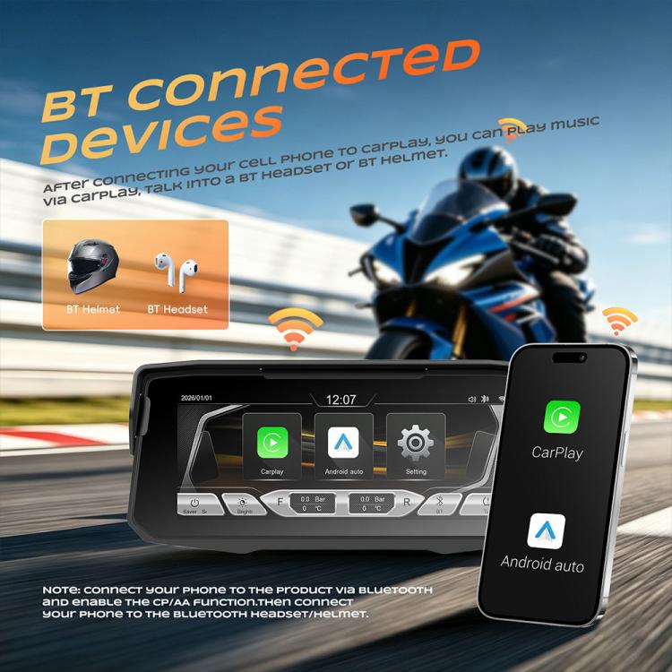 Motorcycle wireless CarPlay/Android Auto display screen with control icons
