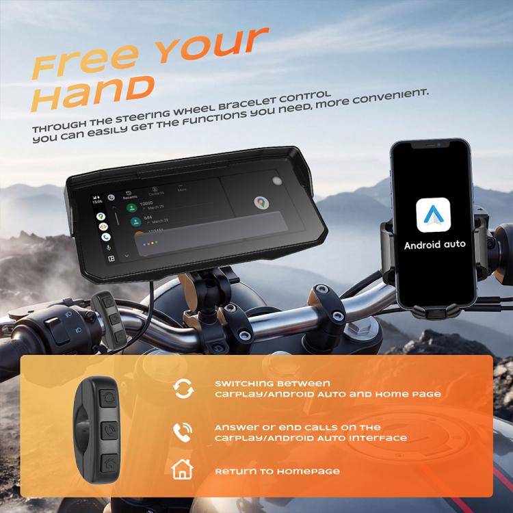 Motorcycle wireless Android Auto display screen mounted on handlebars