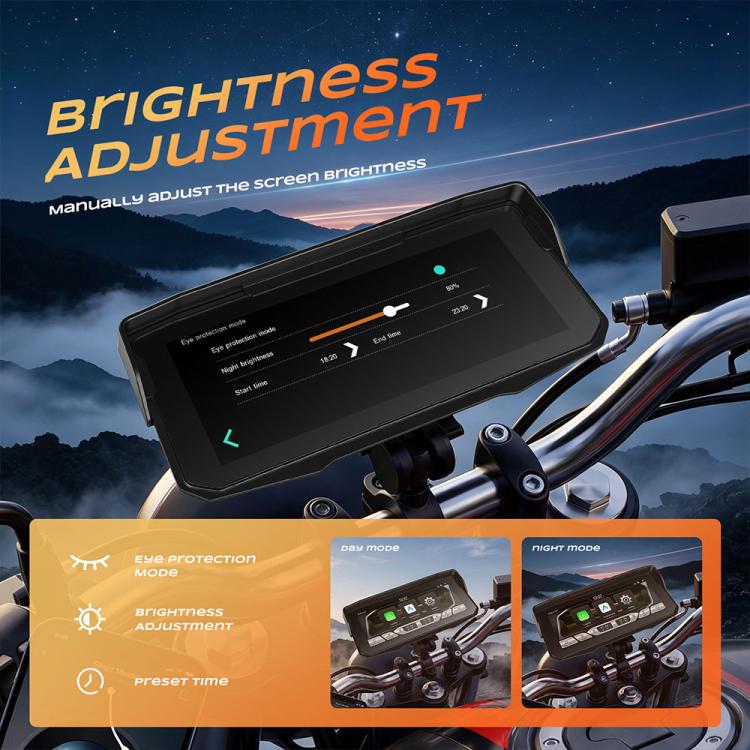 Motorcycle wireless display screen with adjustable brightness settings menu