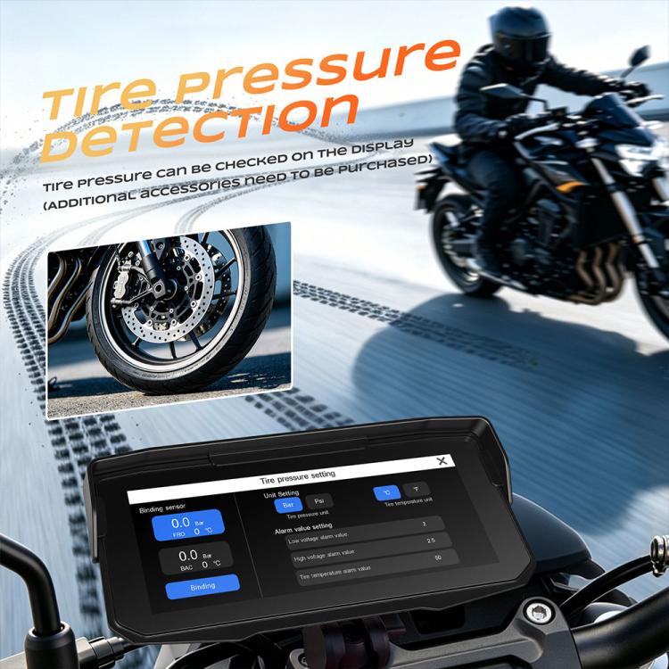Motorcycle wireless display showing tire pressure settings on the screen