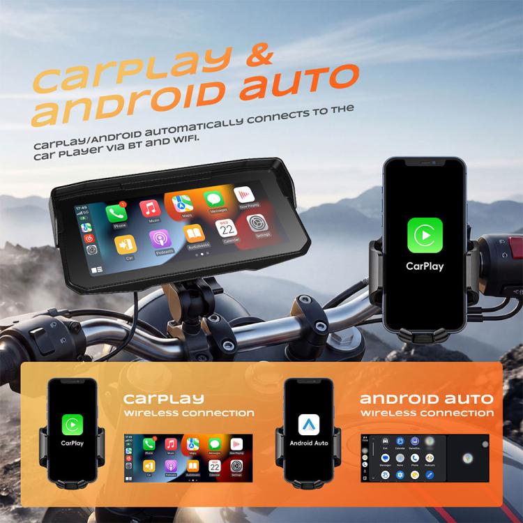 Motorcycle wireless CarPlay and Android Auto display screen with app icons