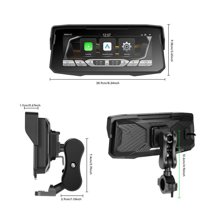 Motorcycle display screen with side bracket and mounting dimensions diagram