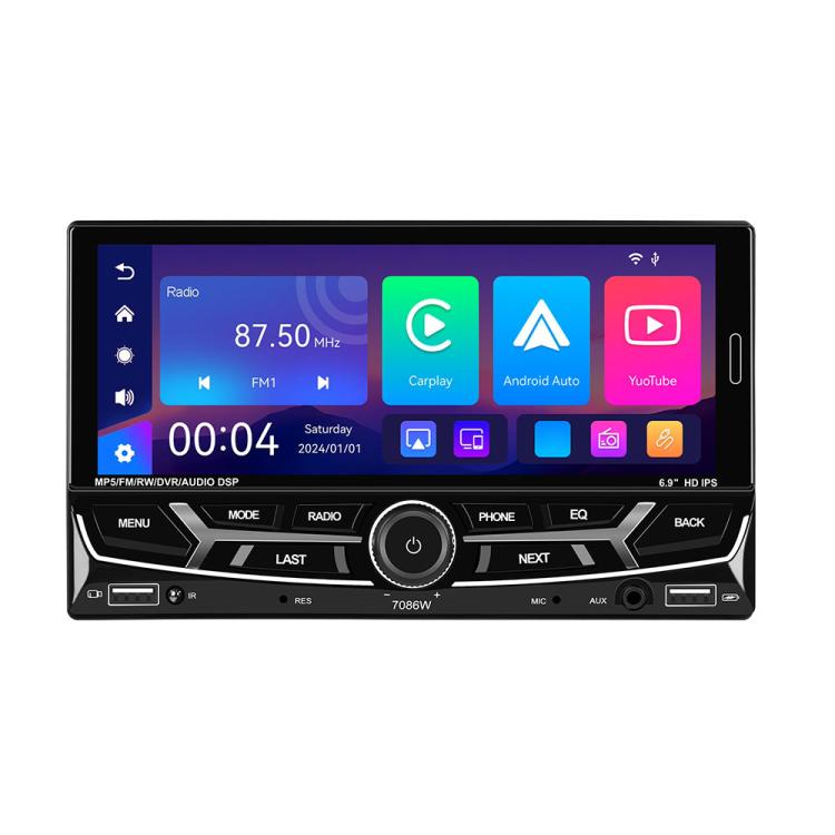 6.9-inch car MP5 receiver front panel with touchscreen showing CarPlay and apps