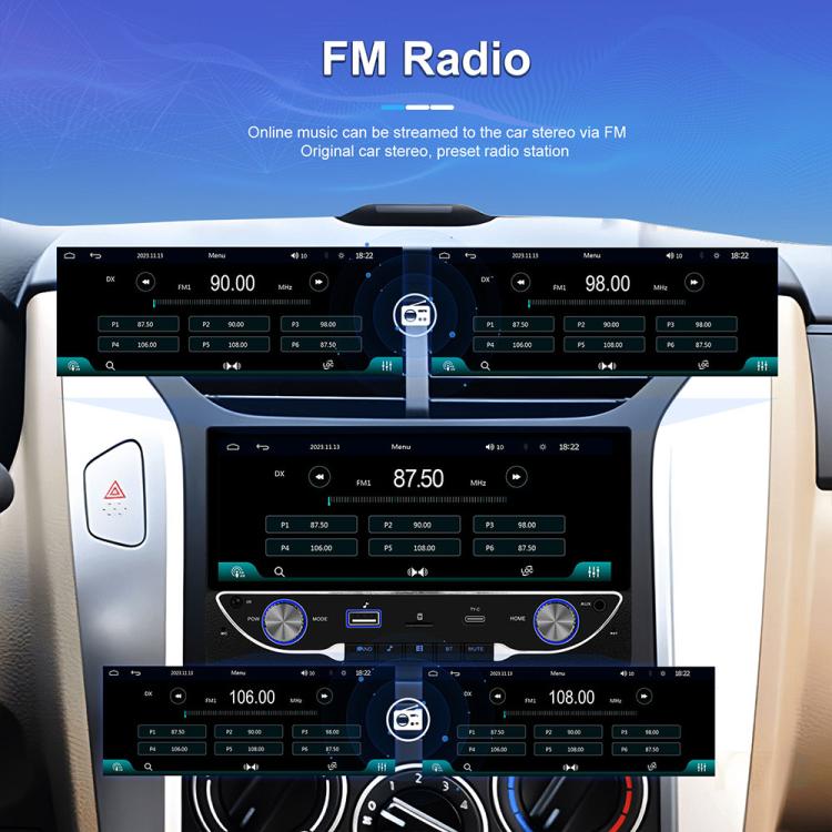 6.9-inch car MP5 multimedia receiver with touchscreen showing radio screens