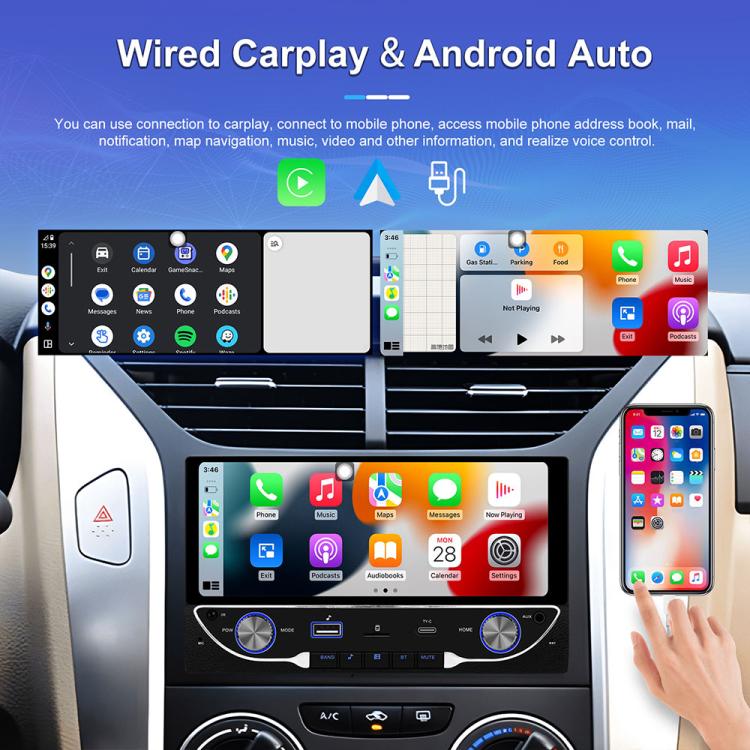Car MP5 multimedia receiver with CarPlay and Android Auto app icons on screen