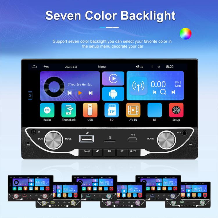 Car MP5 multimedia receiver with colorful backlit button and app interface