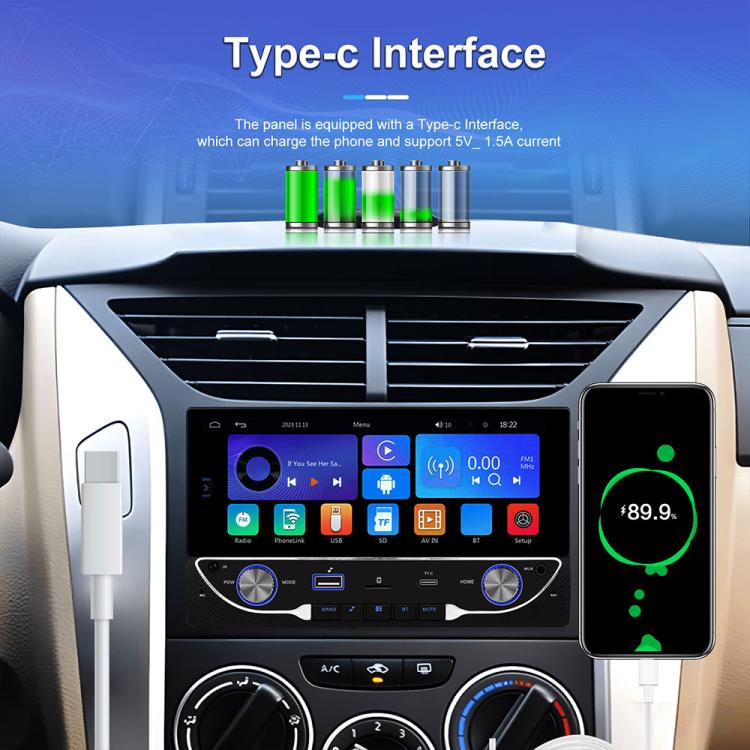 Car MP5 multimedia receiver with Type-C port and phone charging connected