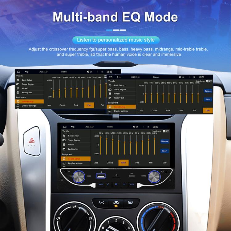 Car MP5 multimedia receiver with equalizer settings sliders on screen