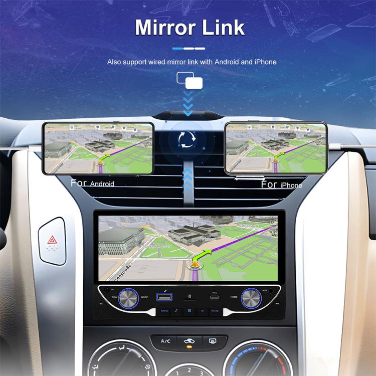Car MP5 receiver in dashboard with dual-screen mirror link navigation display