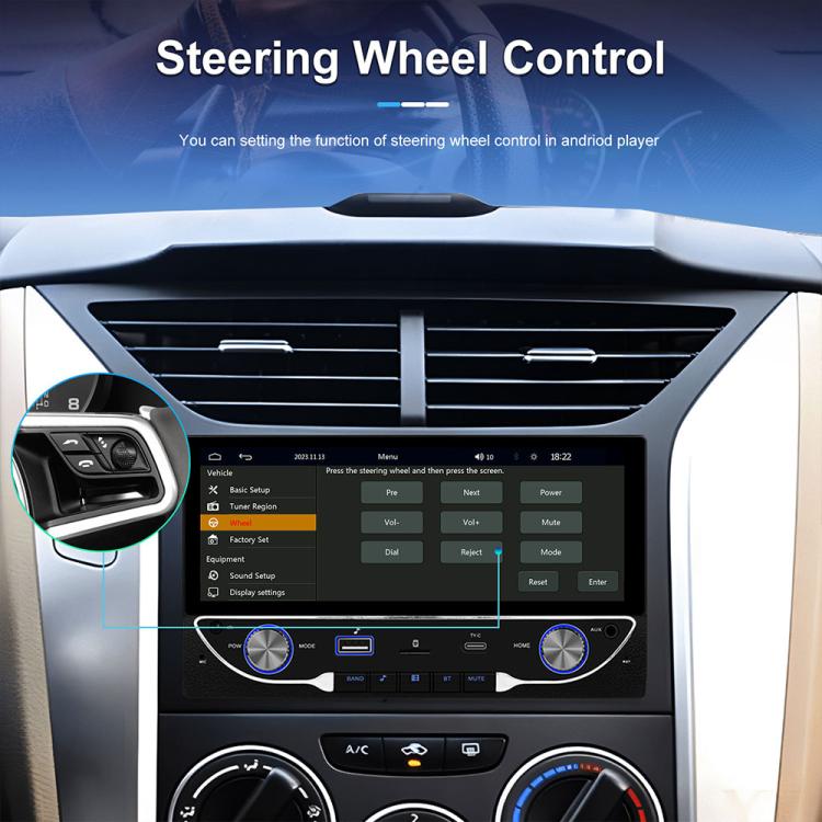 Car MP5 receiver with steering wheel control interface on the dashboard screen