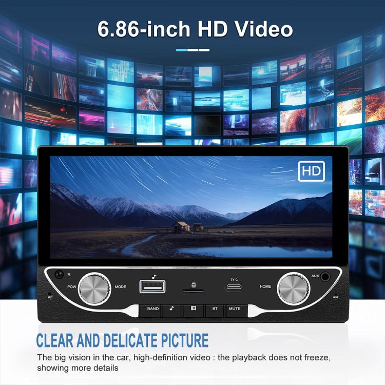 6.9-inch HD car MP5 receiver screen displaying landscape video