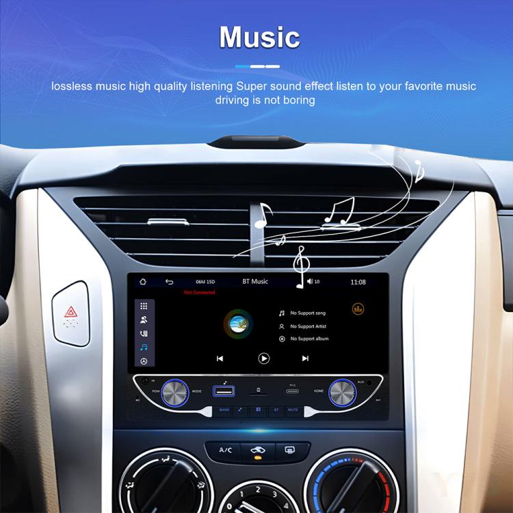Car MP5 receiver dashboard view with music interface on touchscreen