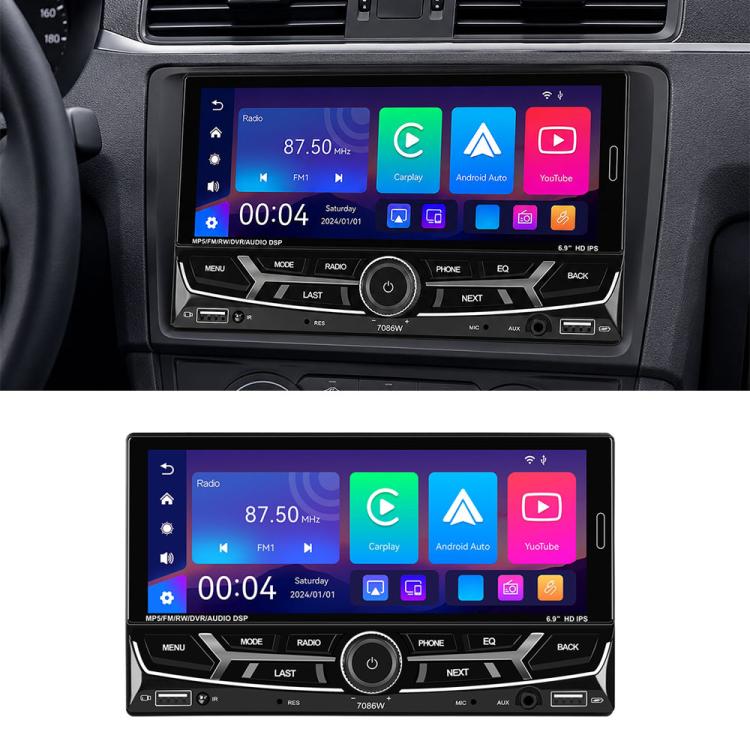 Car MP5 multimedia receiver with CarPlay and Android Auto app icons on display