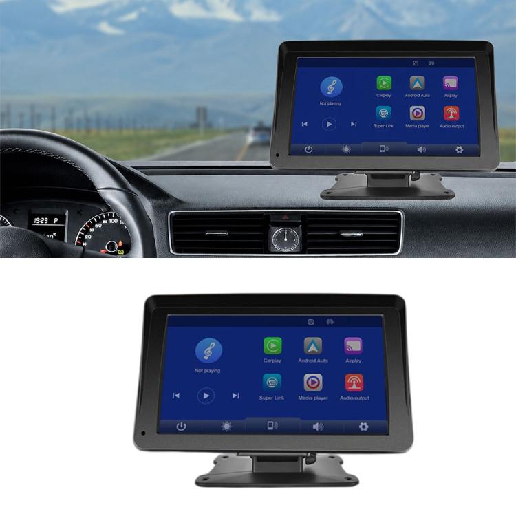 Car mounted touchscreen monitor with blue app screen and gray base stand