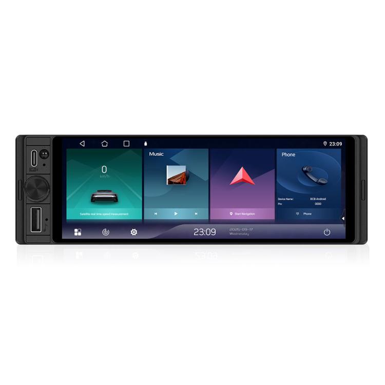 Single-DIN car touchscreen display stereo with black bezel, front view on white background