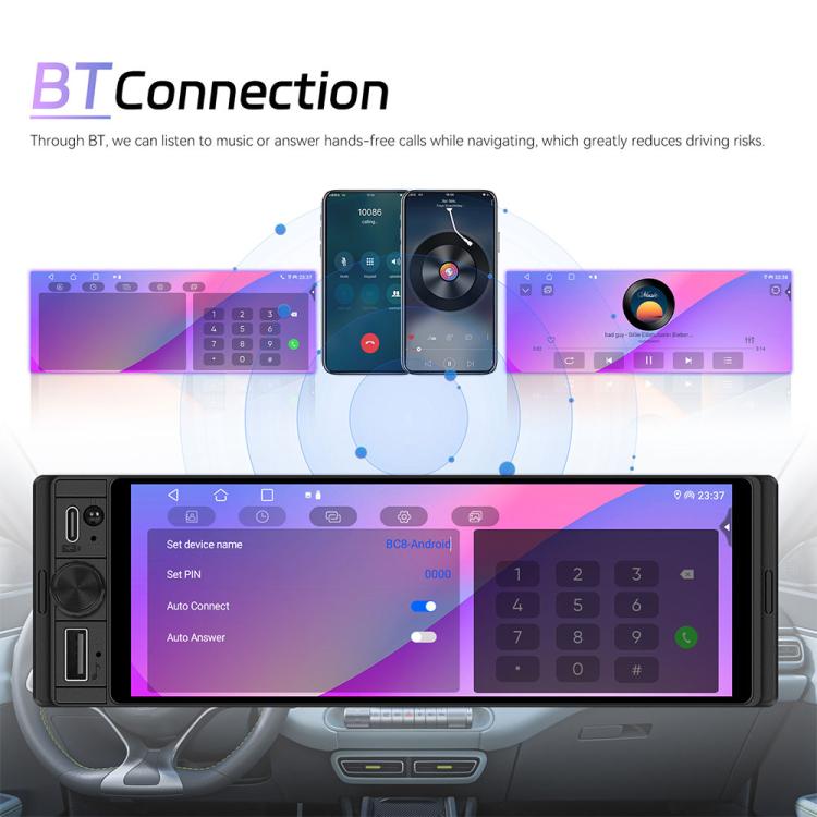 Single-DIN car touchscreen head unit with dark faceplate and built-in display