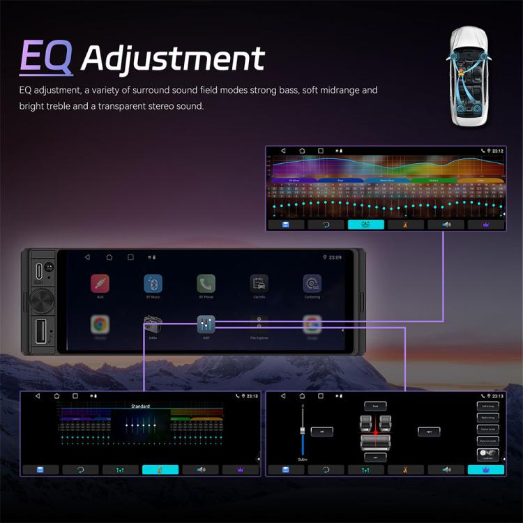 Single-DIN car touchscreen head unit showing equalizer audio settings on screen