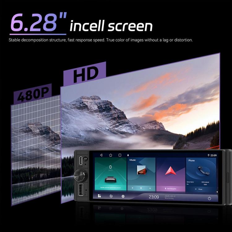 Single-DIN car touchscreen head unit with 6.28-inch display and HD video preview