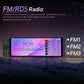 Single-DIN car touchscreen head unit with FM/RDS radio interface and presets