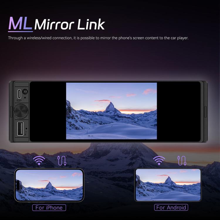 Single-DIN car touchscreen head unit displaying phone mirroring screen