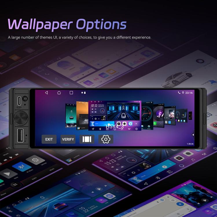 Single-DIN car touchscreen head unit showing wallpaper theme options on display