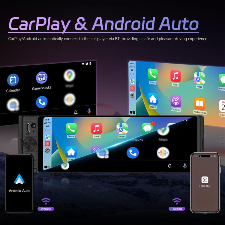 Single-DIN car touchscreen head unit with CarPlay and Android Auto app icons