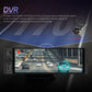 Single-DIN car touchscreen head unit showing live rear view camera with road overlay