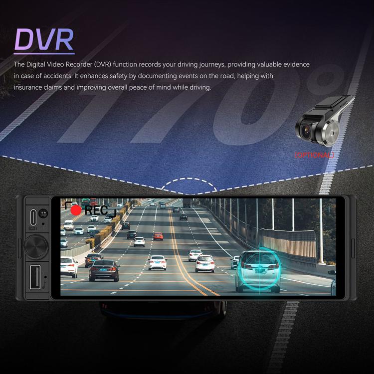 Single-DIN car touchscreen head unit showing live rear view camera with road overlay