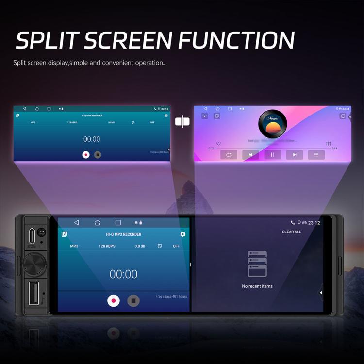 Single-DIN car touchscreen head unit featuring split-screen function on display