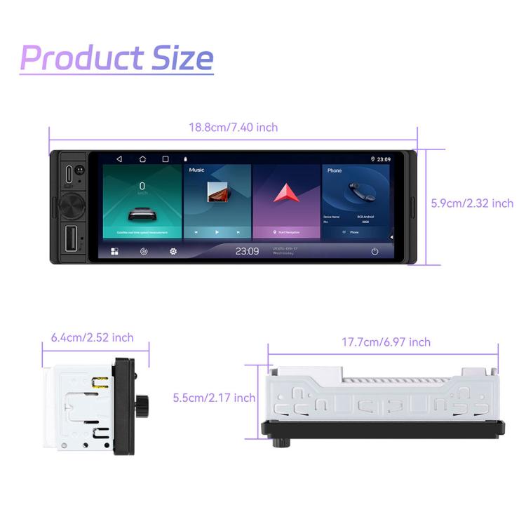 Single-DIN car touchscreen display stereo with size measurements and black bezel