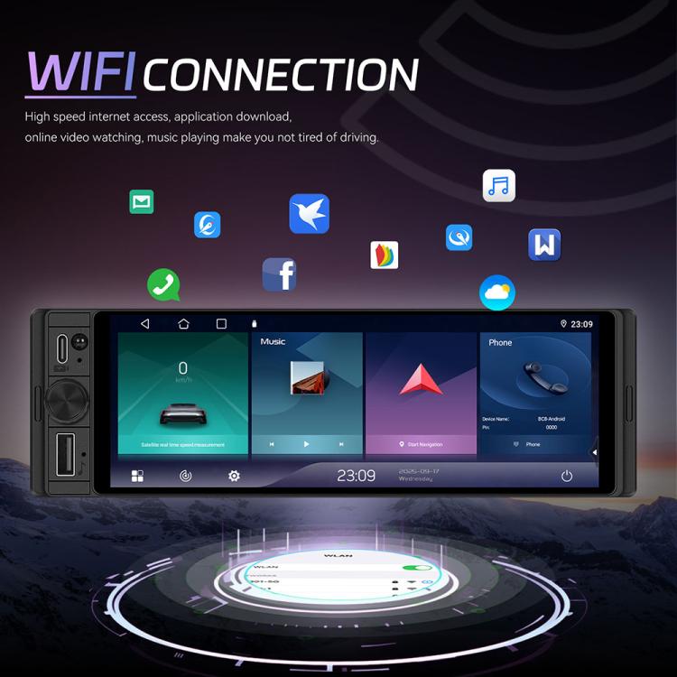6.28-inch single-DIN car stereo touchscreen showing app tiles and time
