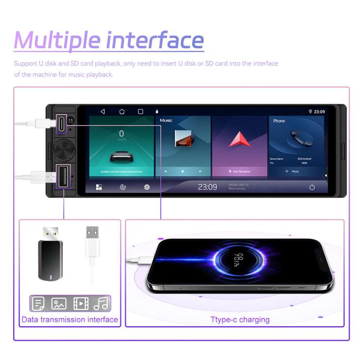 Single-DIN car touchscreen stereo with rear interface ports and charging connection diagram