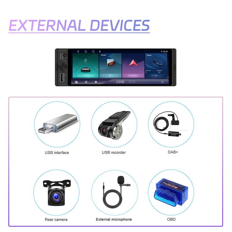 Single-DIN car touchscreen stereo with external device icons including rear camera and microphone