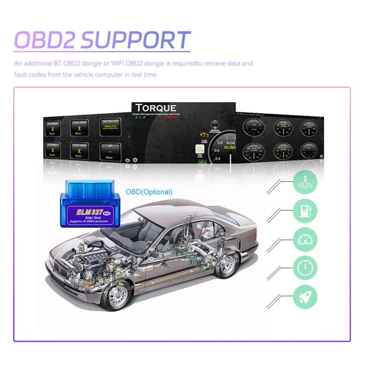 Single-DIN car touchscreen stereo with optional OBD connectivity diagram
